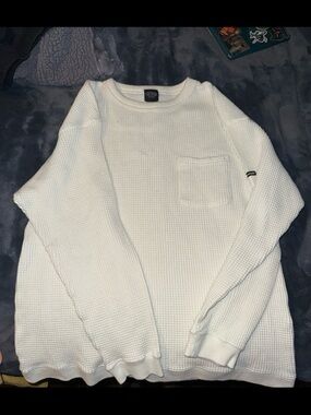 White Waffle-Knit Crewneck Sweater with Chest Pocket